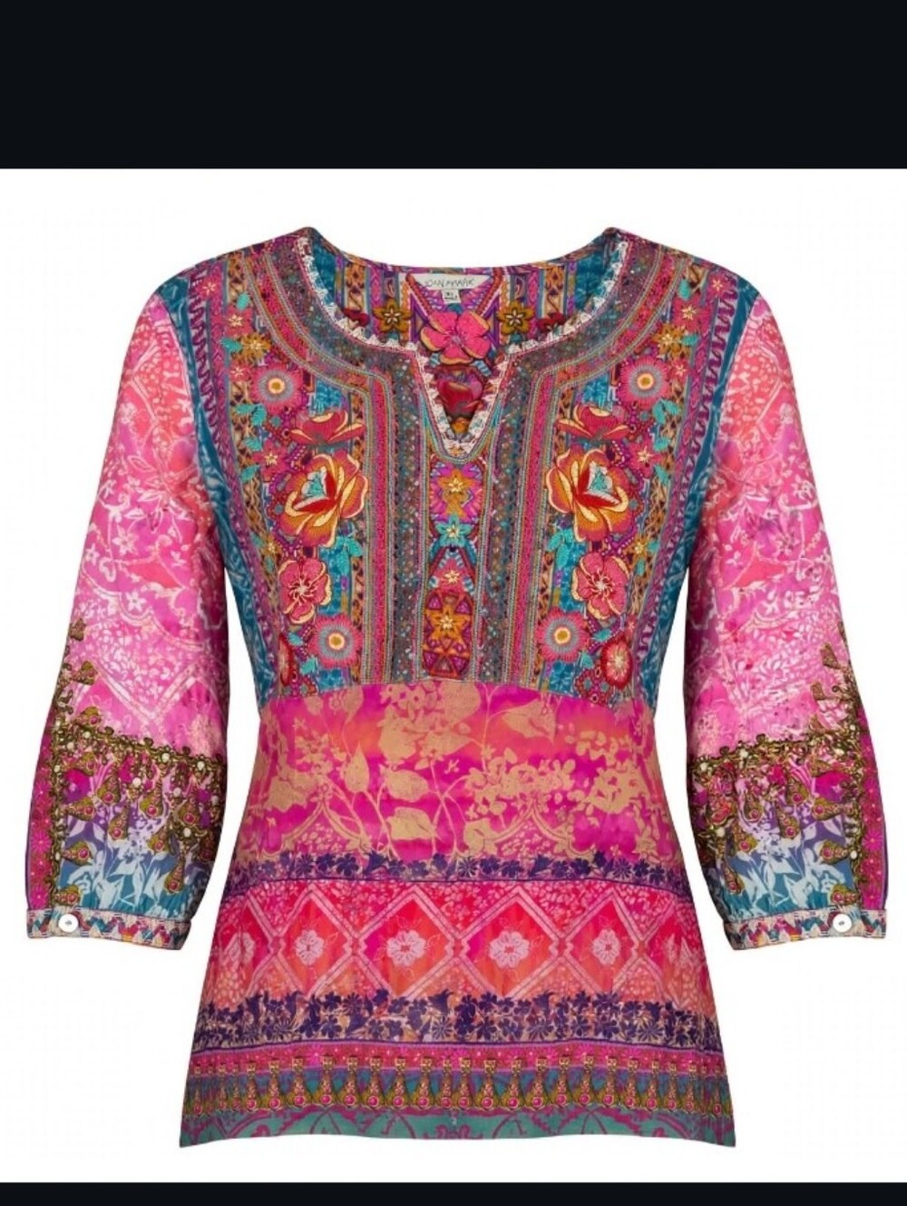 John Mark Women's XL Floral Embroidered Pullover Boho Artsy Hippie Colorful 3/4